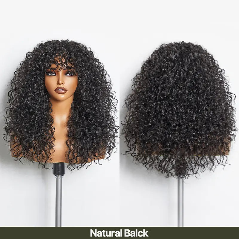 Boho Curly Wig with Bangs Human Hair Blend Shaggy Waves Ready to Wear Natural Looking Daily Wear Wig