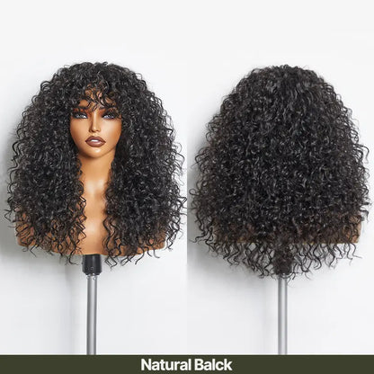 Boho Curly Wig with Bangs Human Hair Blend Shaggy Waves Ready to Wear Natural Looking Daily Wear Wig