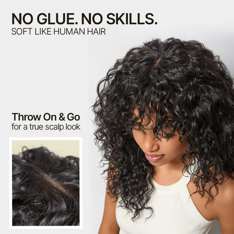 Boho Curly Wig with Bangs Human Hair Blend Shaggy Waves Ready to Wear Natural Looking Daily Wear Wig