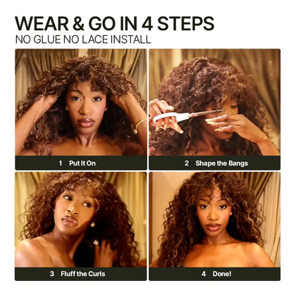 Boho Curly Wig with Bangs Human Hair Blend Shaggy Waves Ready to Wear Natural Looking Daily Wear Wig