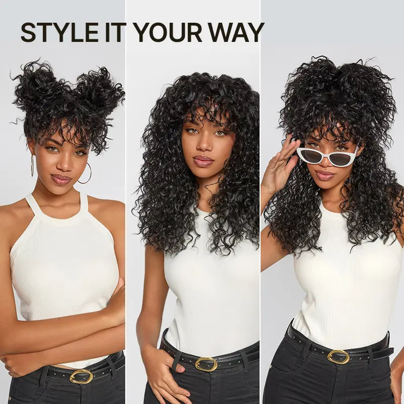Boho Curly Wig with Bangs Human Hair Blend Shaggy Waves Ready to Wear Natural Looking Daily Wear Wig