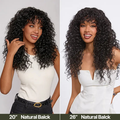 Boho Curly Wig with Bangs Human Hair Blend Shaggy Waves Ready to Wear Natural Looking Daily Wear Wig