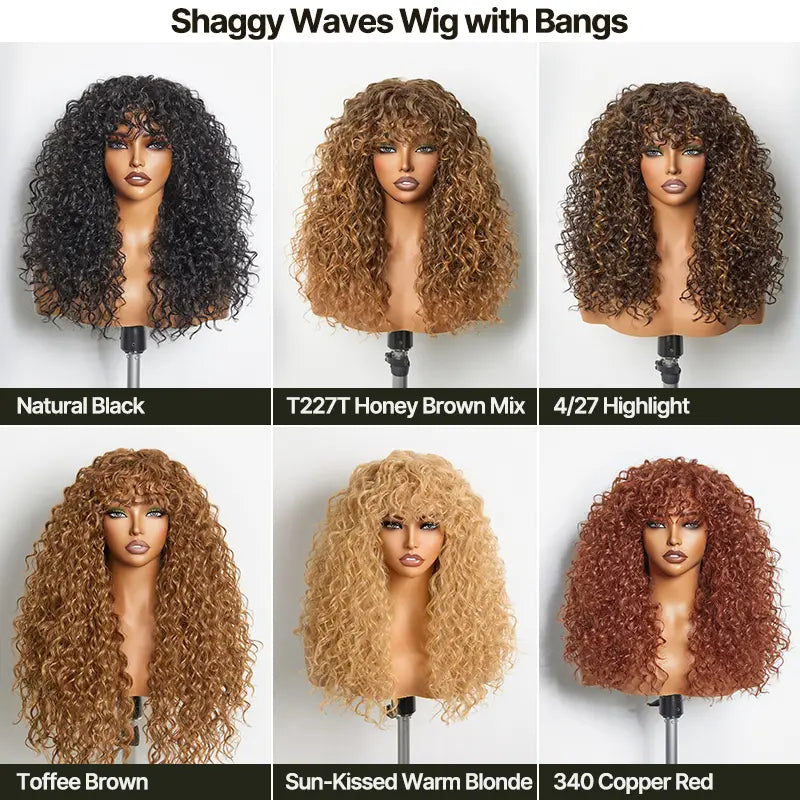 Boho Curly Wig with Bangs Human Hair Blend Shaggy Waves Ready to Wear Natural Looking Daily Wear Wig
