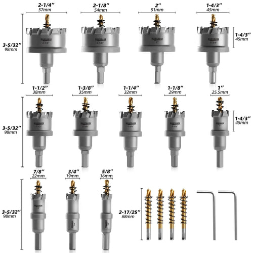 TCT Carbide Hole Saw Kit for Metal 5/8"–2-1/4" Hole Cutter Set for Stainless Steel Iron Copper Brass Precision Cutting