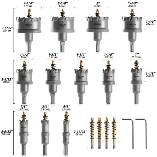 TCT Carbide Hole Saw Kit for Metal 5/8"–2-1/4" Hole Cutter Set for Stainless Steel Iron Copper Brass Precision Cutting