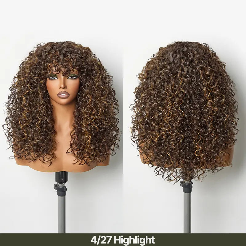 Boho Curly Wig with Bangs Human Hair Blend Shaggy Waves Ready to Wear Natural Looking Daily Wear Wig