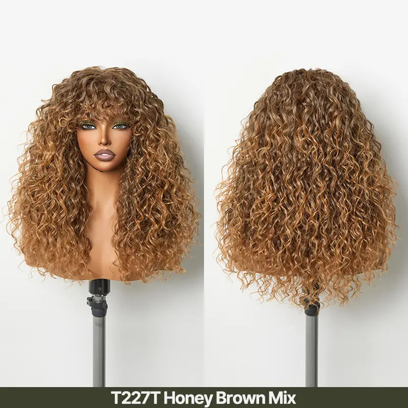 Boho Curly Wig with Bangs Human Hair Blend Shaggy Waves Ready to Wear Natural Looking Daily Wear Wig