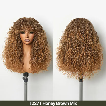 Boho Curly Wig with Bangs Human Hair Blend Shaggy Waves Ready to Wear Natural Looking Daily Wear Wig