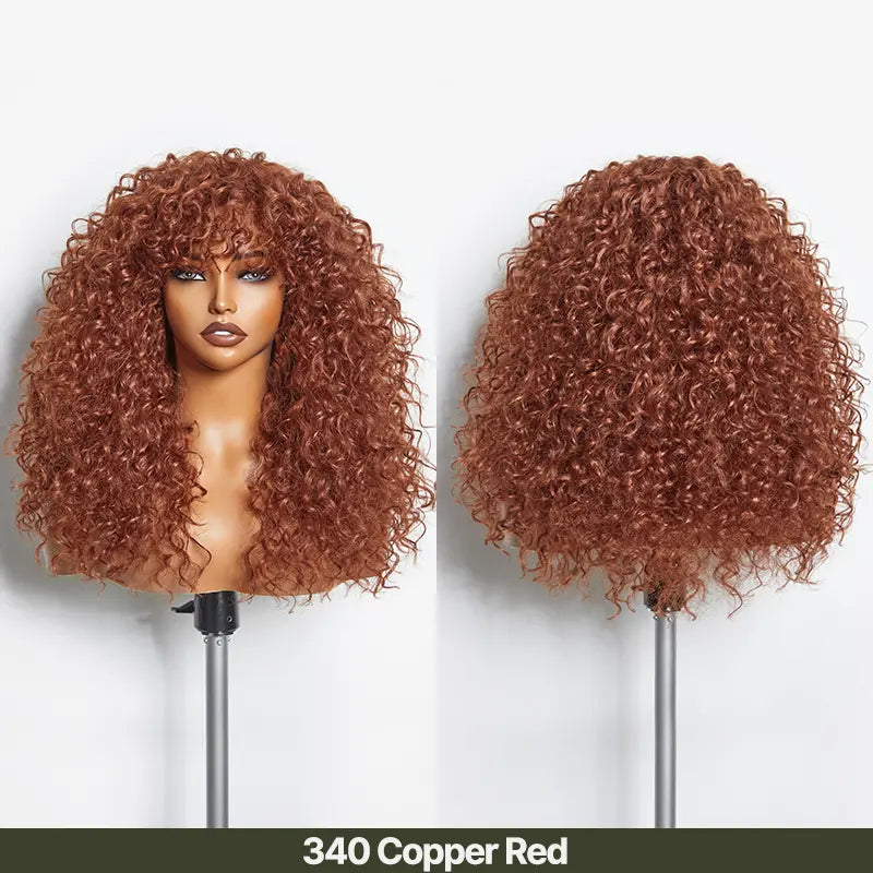 Boho Curly Wig with Bangs Human Hair Blend Shaggy Waves Ready to Wear Natural Looking Daily Wear Wig