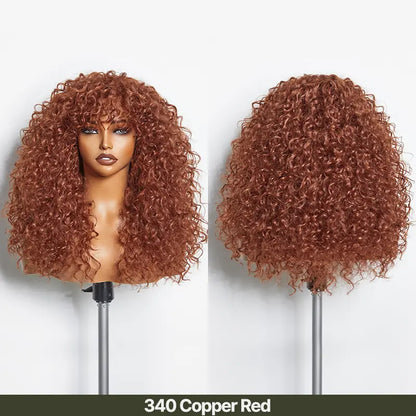 Boho Curly Wig with Bangs Human Hair Blend Shaggy Waves Ready to Wear Natural Looking Daily Wear Wig