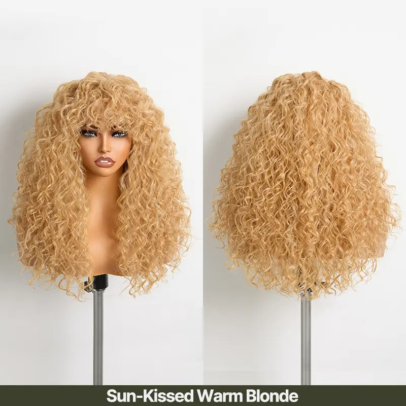 Boho Curly Wig with Bangs Human Hair Blend Shaggy Waves Ready to Wear Natural Looking Daily Wear Wig