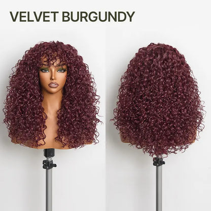 Boho Curly Wig with Bangs Human Hair Blend Shaggy Waves Ready to Wear Natural Looking Daily Wear Wig